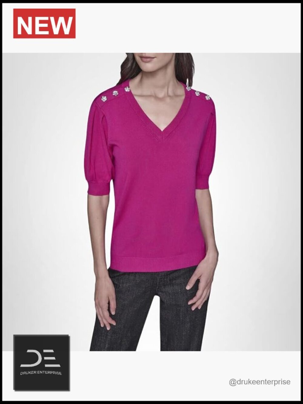 Short Sleeve V-Neck Crystal Button Sweater - Rayon Blend Pullover